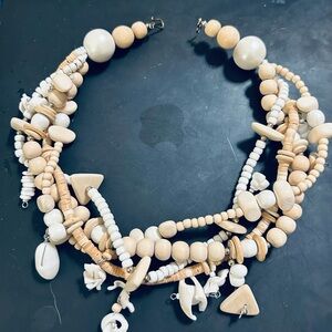 Vintage Shell & Wood Bead Necklace Earrings Set 4 Strand Coastal Boho Statement